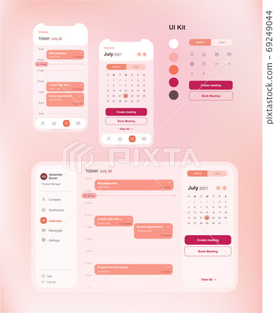 User interface kit with key screens of calendar application with web and mobile mockups and icons and interface elements, light pink color palette, style guide User interface kit with key screens of calendar application with web and mobile mockups and icons and interface elements, light pink color palette, style guide 69249044