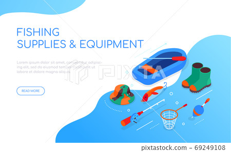 Fishing supplies and equipment - modern colorful isometric web banner 69249108