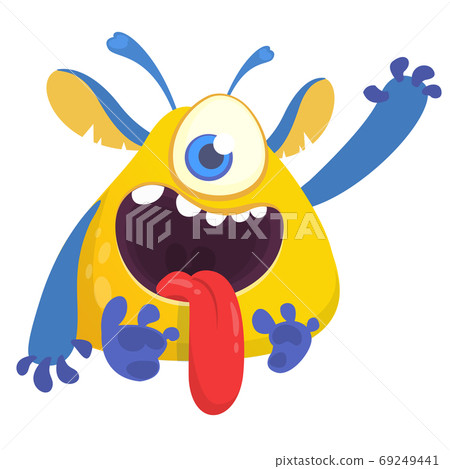 Scared cartoon yellow monster waving. Vector cute 69249441