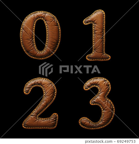 Set of numbers 0, 1, 2, 3 made of leather. 3D render font with skin texture isolated on black background. 69249753