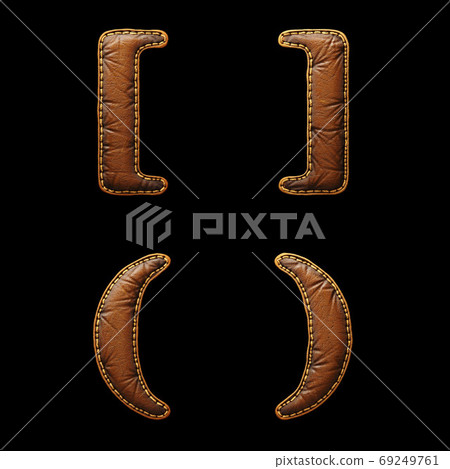Set of symbols left, right bracket and left, right perentheses made of leather. 3D render font with skin texture isolated on black background. 69249761