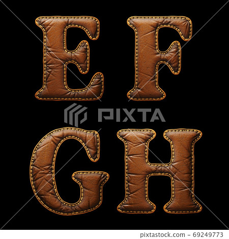Set of leather letters E, F, G, H uppercase. 3D render font with skin texture isolated on black background. 69249773