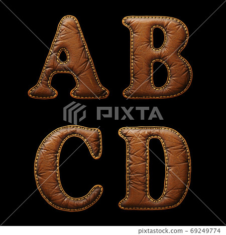 Set of leather letters A, B, C, D uppercase. 3D render font with skin texture isolated on black background. 69249774