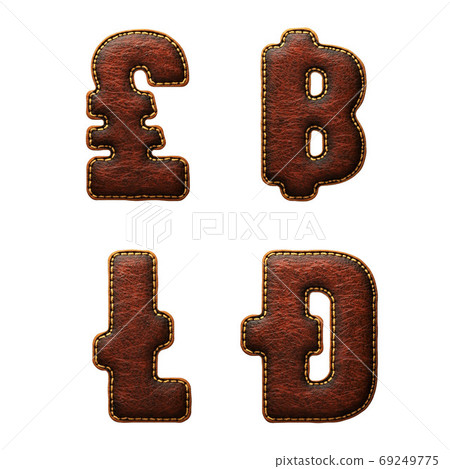 Set of symbols lira, baht, litecoin, dashcoin made of leather. 3D render font with skin texture isolated on white background. 69249775