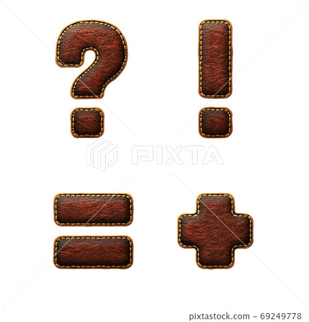 Set of symbols question mark, exclamation mark, equals, plus made of leather. 3D render font with skin texture isolated on white background. 69249778