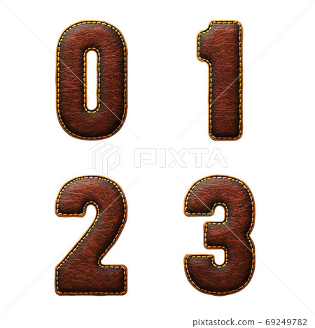 Set of numbers 0, 1, 2, 3 made of leather. 3D render font with skin texture isolated on white background. 69249782
