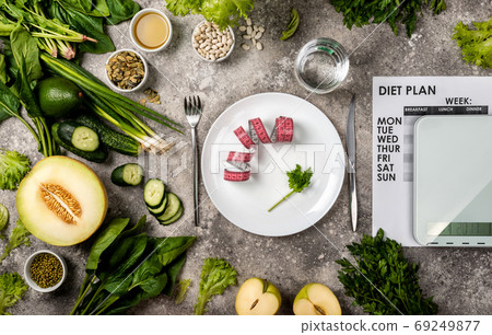 Eating control Diet concept. Measuring tape on the plate Diet plan Kitchen scales and healthy food set. Eating control Diet concept. Measuring tape on the plate Diet plan Kitchen scales and healthy food set. 69249877
