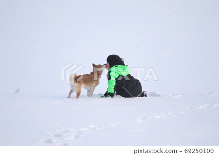 柴犬和雪地裡的孩子 69250100