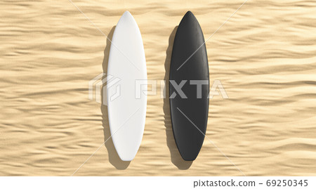 Blank black and white surfboard lying on sand mockup Blank black and white surfboard lying on sand mockup 69250345