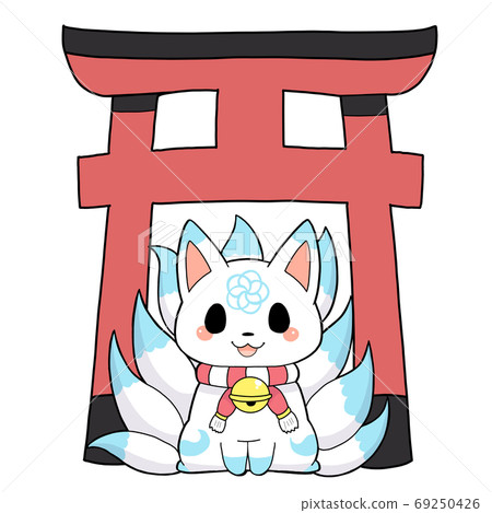Nine light blue fox and torii 69250426