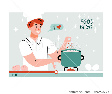 Recording of food blog with blogger cooking... - Stock Illustration ...