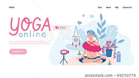 Web site page for online yoga training with woman cartoon vector illustration. Web site page for online yoga training with woman cartoon vector illustration. 69250779
