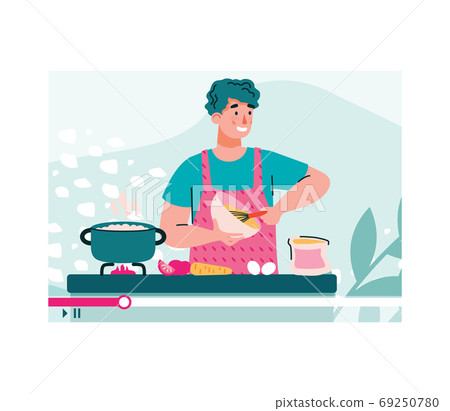 Blogger or vlogger shoots cooking tutorial, cartoon vector illustration isolated. 69250780