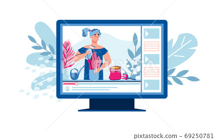 Vlogger shows subscribers how to care for plants, cartoon vector illustration. Vlogger shows subscribers how to care for plants, cartoon vector illustration. 69250781