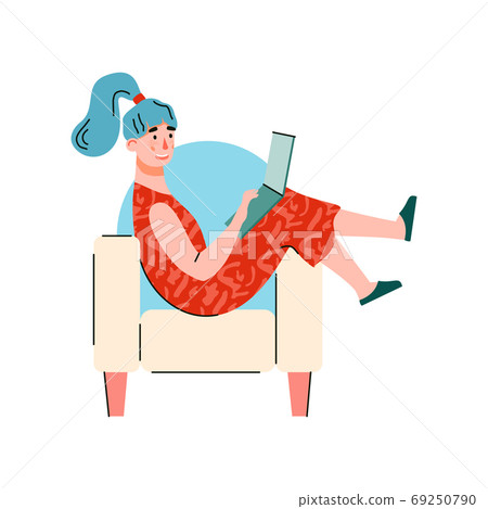 Woman remote working at home, flat cartoon... - Stock Illustration ...