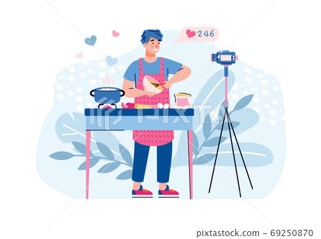 Vlogger filming cooking food, flat cartoon vector illustration isolated 69250870