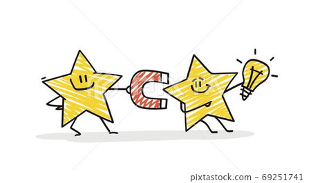 Funny star holds a magnet with which it attracts an idea. Funny star holds a magnet with which it attracts an idea. 69251741