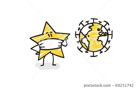 Funny star in a protective mask looking at the globe. 69251742