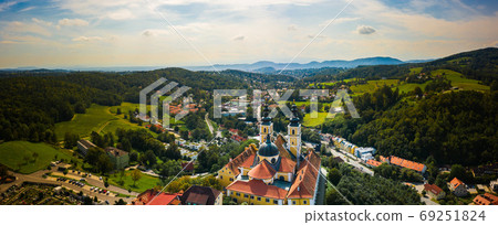 Aerial panoram of Baroque Mariatrost Basilica on top of the Purberg hill in Mariatrost, a district of Graz. Aerial panoram of Baroque Mariatrost Basilica on top of the Purberg hill in Mariatrost, a district of Graz. 69251824