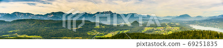 Panorama of Alpine mountains near Lake Worthersee and Velden city 69251835