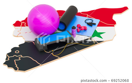 Fitness in Syria. Gym equipments on Syrian map. 3D rendering Fitness in Syria. Gym equipments on Syrian map. 3D rendering 69252068