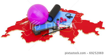 Fitness in Switzerland. Gym equipments on Swiss map. 3D renderin 69252069