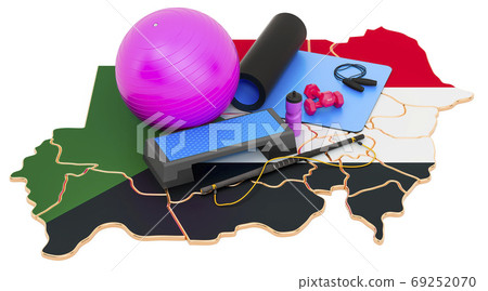 Fitness in Sudan. Gym equipments on Sudanese map. 3D rendering Fitness in Sudan. Gym equipments on Sudanese map. 3D rendering 69252070