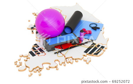 Fitness in South Korea. Gym equipments on South Korean map. 3D r Fitness in South Korea. Gym equipments on South Korean map. 3D r 69252072