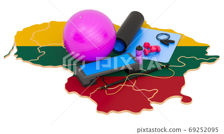 Fitness in Lithuania. Gym equipments on Lithuanian map. 3D rende Fitness in Lithuania. Gym equipments on Lithuanian map. 3D rende 69252095