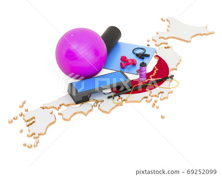 Fitness in Japan. Gym equipments on Japanese map. 3D rendering Fitness in Japan. Gym equipments on Japanese map. 3D rendering 69252099