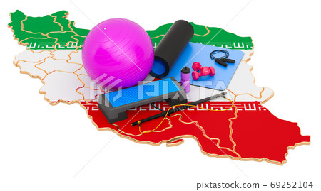 Fitness in Iran. Gym equipments on Iranian map. 3D rendering Fitness in Iran. Gym equipments on Iranian map. 3D rendering 69252104