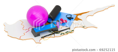 Fitness in Cyprus. Gym equipments on Cyprus map. 3D rendering 69252115