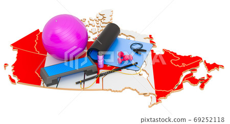 Fitness in Canada. Gym equipments on Canadian map. 3D rendering 69252118