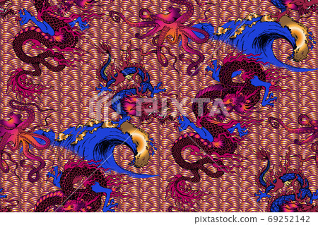 Pattern of asian dragon. Vector illustration. Suitable for fabric, mural, wrapping paper and the like Pattern of asian dragon. Vector illustration. Suitable for fabric, mural, wrapping paper and the like 69252142