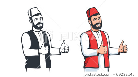 Turkish man in fez smiling affably. Positive Turk thumb up gesture. Turkish man in fez smiling affably. Positive Turk thumb up gesture. 69252143