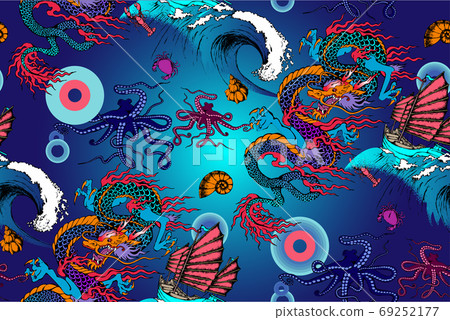 Pattern of asian dragon, octopus and sea voyages. Vector illustration. Suitable for fabric, wrapping paper and the like Pattern of asian dragon, octopus and sea voyages. Vector illustration. Suitable for fabric, wrapping paper and the like 69252177