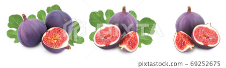 Fresh fig fruit and half with leaves isolated on white background. Set or collection Fresh fig fruit and half with leaves isolated on white background. Set or collection 69252675