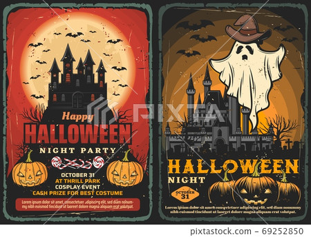 Halloween haunted house ghost with bats, pumpkins Halloween haunted house ghost with bats, pumpkins 69252850