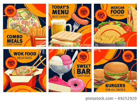 Fast food combo meals sale promo posters set. Fast food combo meals sale promo posters set. 69252920