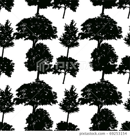 Seamless pattern of silhouettes of deciduous trees on white forest background Seamless pattern of silhouettes of deciduous trees on white forest background 69253154