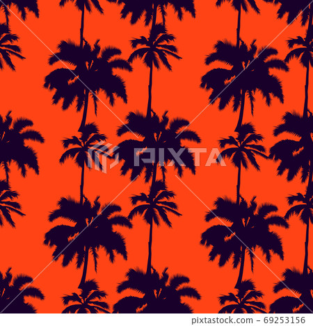 Silhouettes vector palm trees isolated on an orange background. seamless pattern. Perfect for fabric, wallpaper or giftwrap. illustration Silhouettes vector palm trees isolated on an orange background. seamless pattern. Perfect for fabric, wallpaper or giftwrap. illustration 69253156