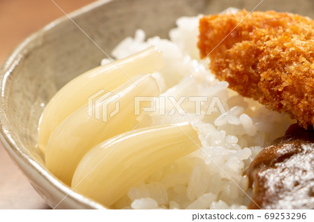 Curry rice garnished with sweet and sour pickled raccoon. 69253296