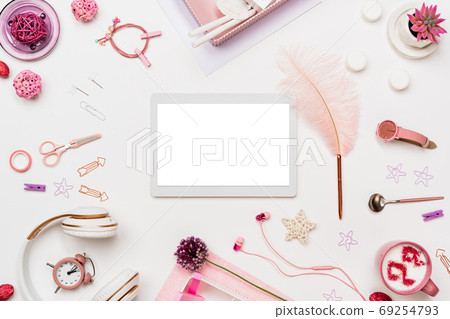 Woman office desktop mockup with digital device Woman office desktop mockup with digital device 69254793