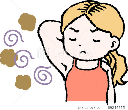 腋下臭味困擾痛苦的女人可愛的插圖 腋下臭味困擾痛苦的女人可愛的插圖 69256355
