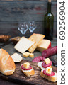 exquisite rustic table with various cheeses, salami and fresh bread 69256904