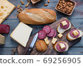 exquisite rustic table with various cheeses, salami and fresh bread 69256905