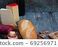exquisite rustic table with various cheeses, salami and fresh bread 69256971