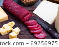 exquisite rustic table with various cheeses, salami and fresh bread 69256975