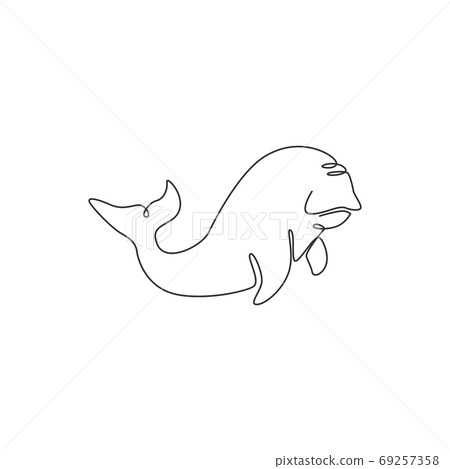 Single one line drawing of funny dugong for nautical logo identity Single one line drawing of funny dugong for nautical logo identity 69257358