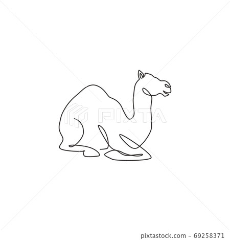 Single continuous line drawing of strong desert Arabic camel sitting for logo identity 69258371